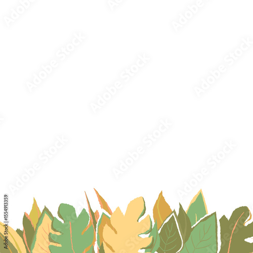 Floral frame with colorful exotic branches on white background. Ornate border with tropic leaves. Vector stock illustration for wallpaper, posters, card. Doodle style. Copy space.