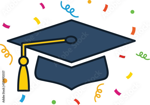 Illustration of a graduation cap with a yellow tassel and colorful confetti on a white background
