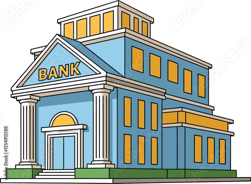 Illustration of a blue bank building with pillars and windows on a white background view from front