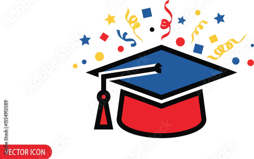 Illustration of a graduation cap with confetti and streamers on a white background vector icon style