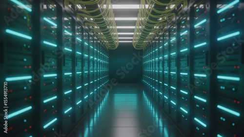 A long corridor filled with server racks and cables with blue and yellow neon lights shining down
