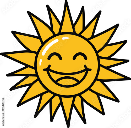 A cartoon sun with a smiling face and yellow rays radiating outwards on a plain white background view