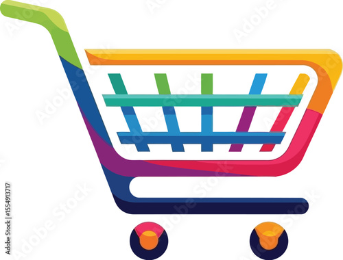 Illustration of a colorful shopping cart with green handle and blue and yellow accents on white background