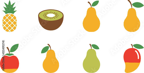 A collection of eight fruit icons including pineapple kiwi pears apple and mango on a white background