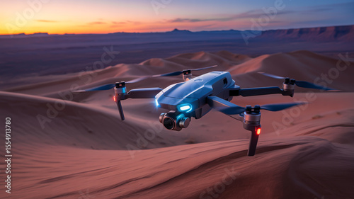 A drone flying over sand dunes during sunset with mountains in the background at dusk time scene