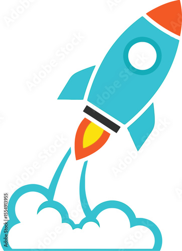 A cartoon rocket ship launching with orange tip and blue body emitting smoke on a white background