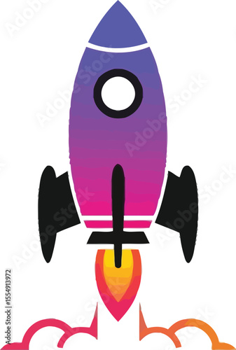 A gradient purple rocket ship launching with black wings and orange flames on a white background view