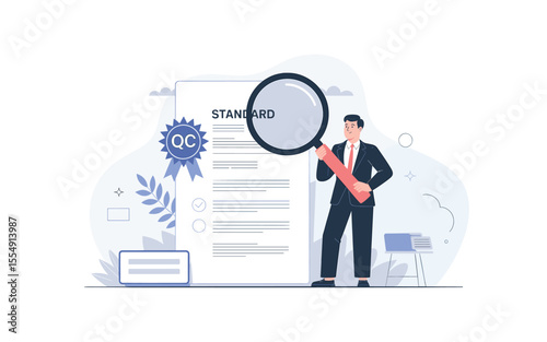 Standard Quality Control Checklist: A Visual Representation with Magnifying Glass and Inspector