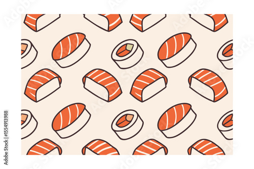 Seamless sushi pattern with orange salmon sushi rolls on a beige background food
