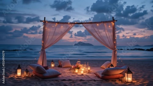 Romantic beach picnic, lanterns with soft candlelight, pillows, sand tent, fairy lights. Calm sea, coastal retreat, warm atmosphere, love, tropical holiday celebration. 4k video