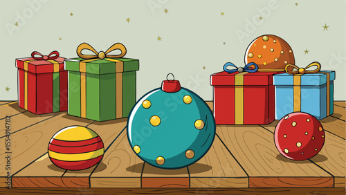 Festive Christmas Balls with Gift Boxes on Rustic Wooden Table.