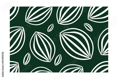 Leaf shapes with striped details on a dark green background forming a seamless pattern