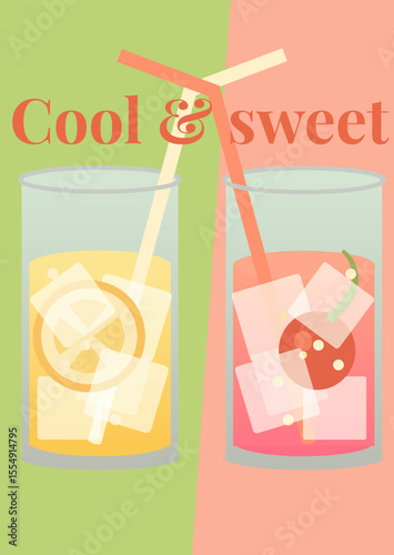 Vector Illustration of Two Refreshing Summer Drinks with Ice and Fruit – Cool and Sweet Postcard Design