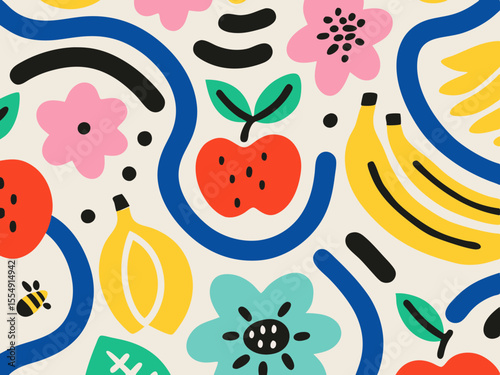 Vibrant abstract pattern with fruits flowers and a bee in a playful style