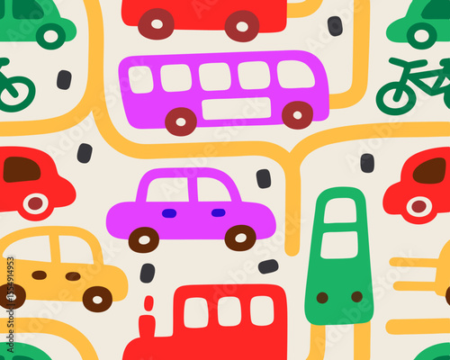 Colorful cartoon vehicles and roads seamless pattern for kids