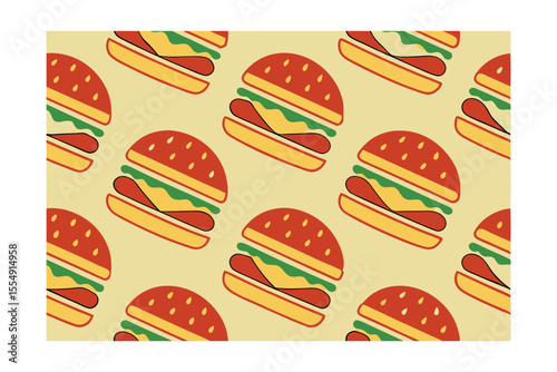 Repeating of red burgers with yellow buns green lettuce cheese on a beige background