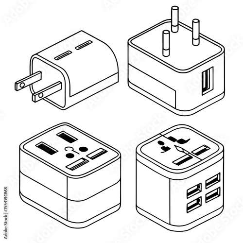 Collection of isometric line art travel adapters for international power outlets