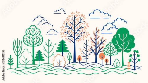 Stylized illustration of a diverse forest landscape with trees and clouds in a simple line art style