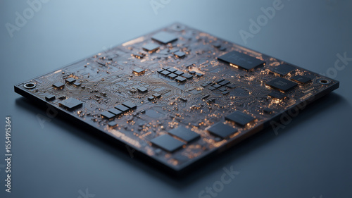 A close up shot of a square circuit board with multiple components on a blue background surface