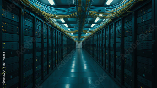 A long corridor filled with server racks and overhead cables in a data center environment setting