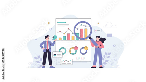 Data Analysis Team Examining Charts with Magnifying Glass and Report, Business Insights