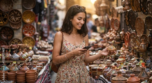 Woman browsing crafts in market