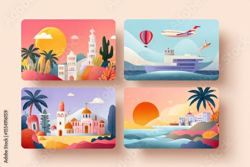 Four illustrated travel scenes buildings sun boats planes  landscapes