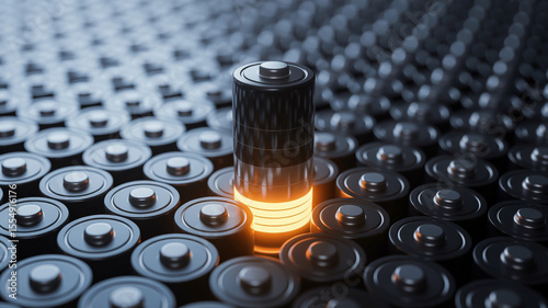 A single glowing battery surrounded by many batteries in a dark and slightly blurred background