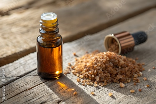 Amber Bottle of Essential Oil and Brown Sugar with Dropper on Wooden Surface
