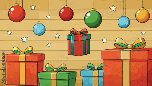 Floating Christmas Gifts on Wooden Background.