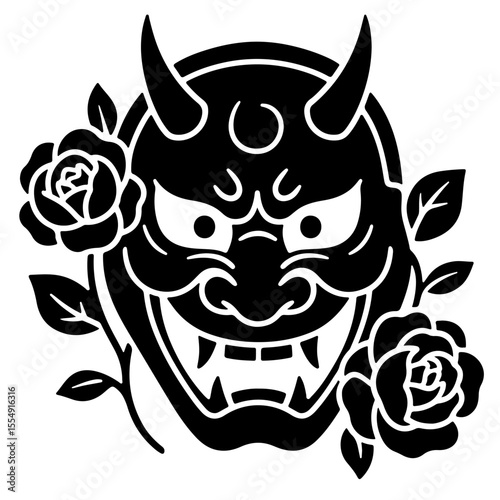 Black and white illustration of a demon mask with roses.