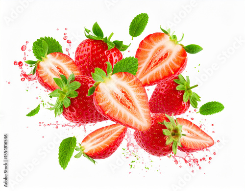 Dynamic Red Strawberry: Fresh, Juicy, Levitating with Mint Splash