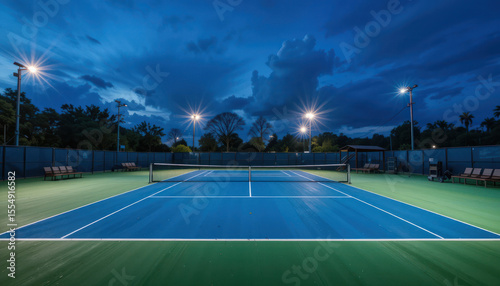 Illuminated tennis court at night with dark blue sky and clouds, showing the net, lines, and surrounding trees.