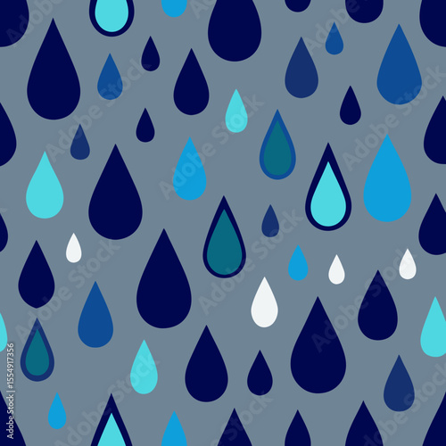 Seamless raindrops design displays varied blues, teal, and white on a gray background, perfect for creating unique patterns for various design projects.