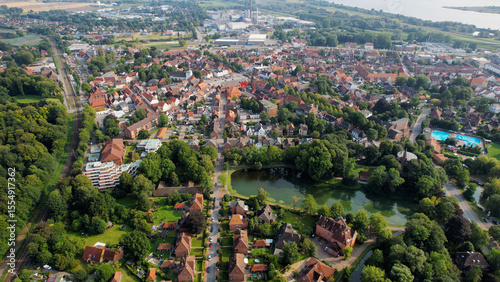 Fototapeta Naklejka Na Ścianę i Meble -  An arial panoramic view of the old town of the city Glückstadt in Germany on a sunny spring afternoon
