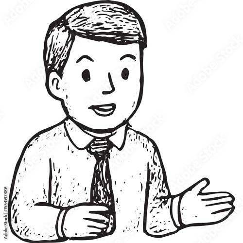 Sketch of a smiling businessman in a suit with open hands, depicting office presentation or explanation