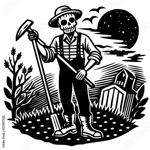 Grim reaper farmer graphic with agricultural landscape, ideal for harvest festival or Day of the Dead thematic graphic designs.