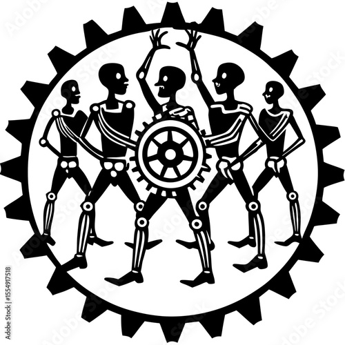 A dynamic stylized design featuring stylized figures within a gear mechanism, suitable for themed artwork or mechanical concepts.