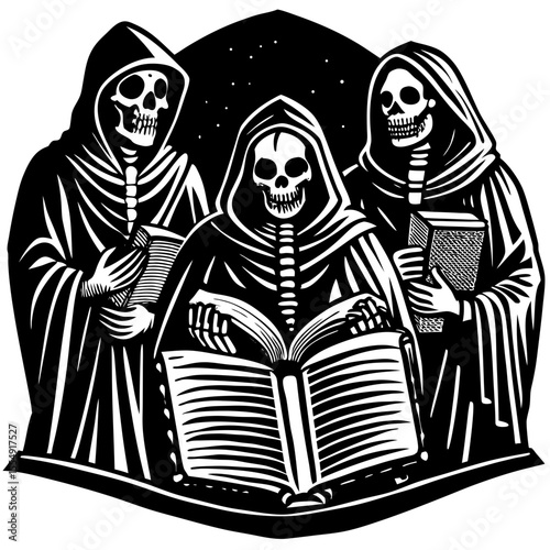 Three cloaked skeletons reading from a large open book, an eerie and stylized design suitable for Halloween themes or occult graphics.