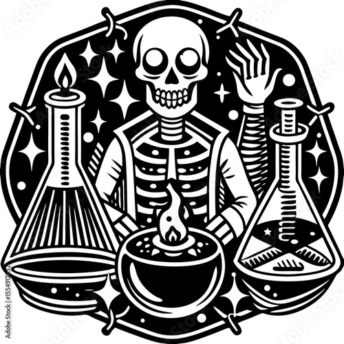 Spooky science alchemy emblem features a skeleton, lab beakers, and mystical elements for a creepy and magical design.