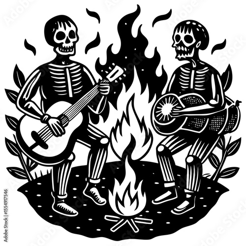 Two skeletons are enjoying a bonfire while playing guitars in this vintage-style cultural graphic design.