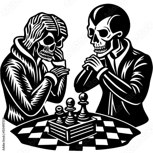 Grim reapers play strategic chess in a monochrome drawing, perfect for edgy gaming logos and Halloween themed designs.