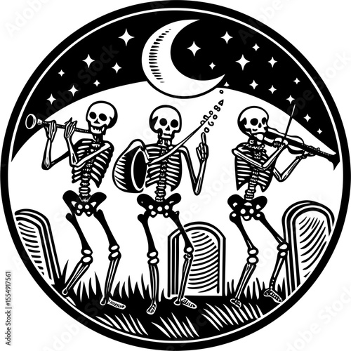 Celebrate Day of the Dead with musical skeletons serenading under a crescent moon and stars in a spooky graveyard scene.
