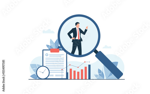 Business Analysis and Growth: Man with Magnifying Glass Inspecting Data Trends