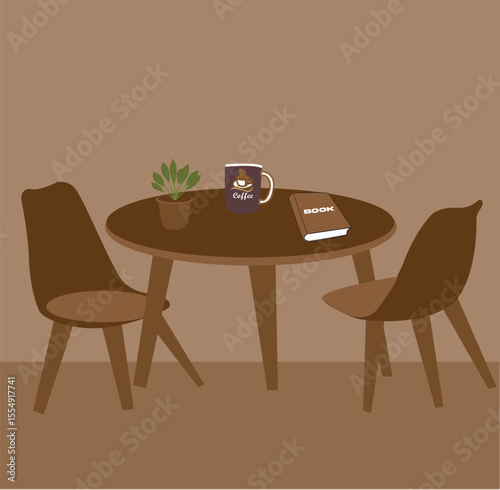 Round Table with Book, Coffee Mug, Vase and Two Chairs- Flat Vector Illustration