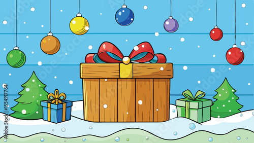 Gift Arrangement with Snowy Wood Background.