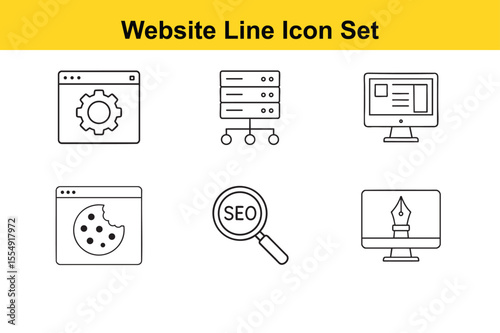Website Development and Optimization Line Icon Set Featuring Settings Hosting SEO Design and Cookies for Analytics