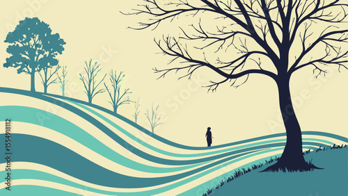 Stylized Tranquil Landscape with Silhouetted Trees and Lone Figure