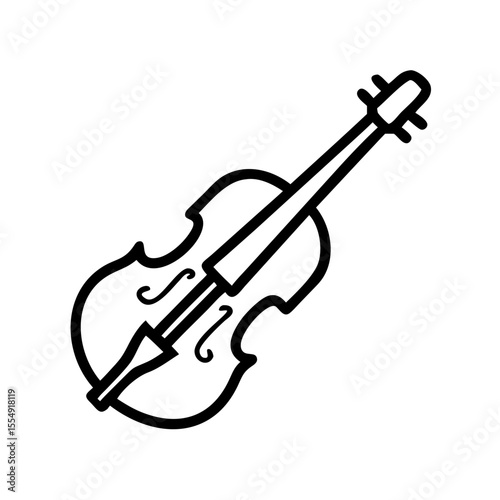 A detailed black and white line drawing of a violin. The violin is isolated