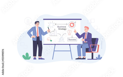 Business strategy presentation with two professionals, highlighting success and innovation in a modern flat vector style